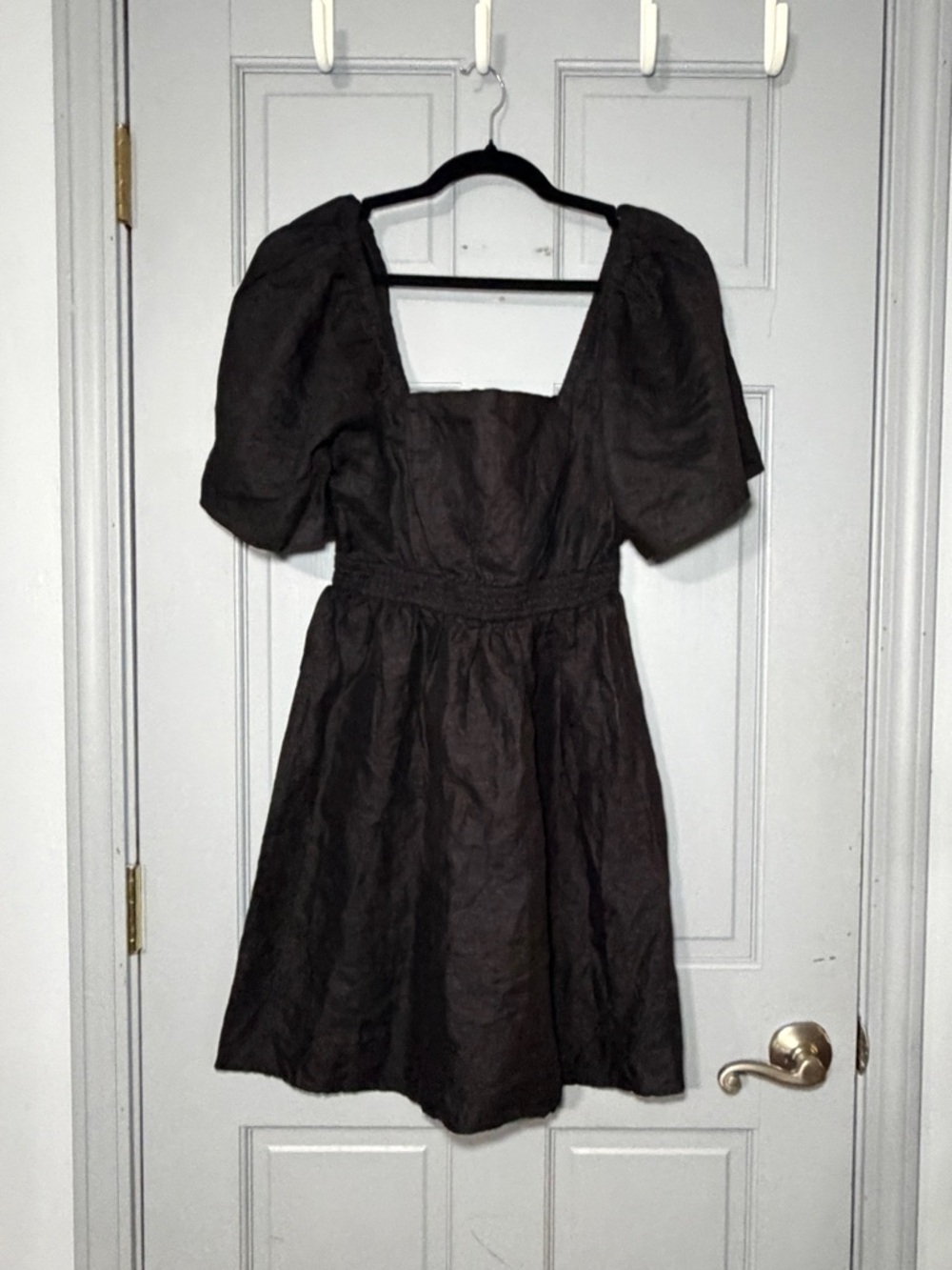 Linen Puff Sleeve Mini Dress Smocked Back Cottagecore Size 10